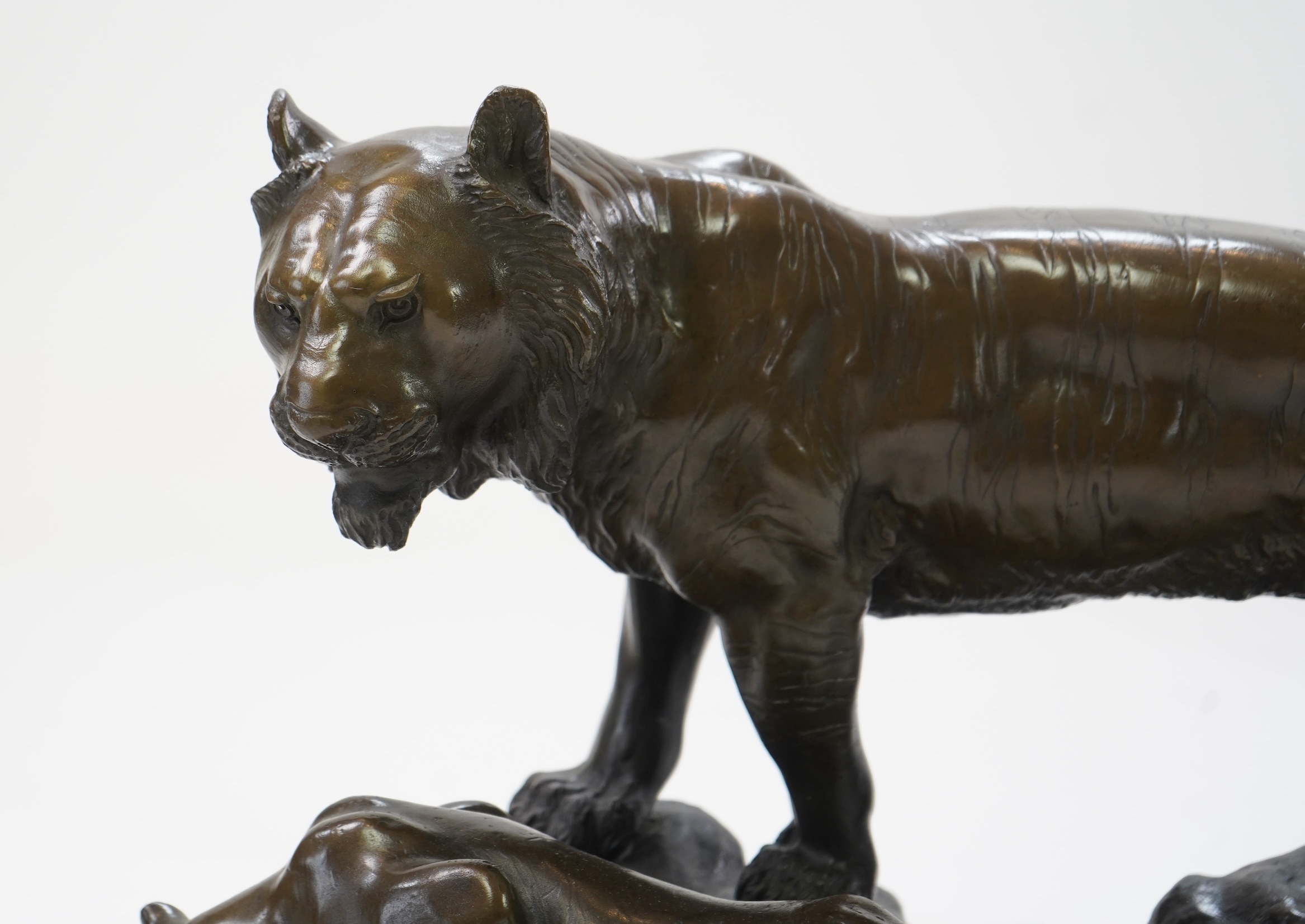 CHANGE TO DESCRIPTION- After Genryusai Seiya, a large patinated bronze group of two tigers on a riverbank